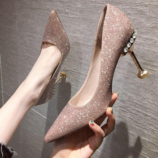 Wedding Shoes Women Crystal High Heels Women Stiletto Pointed Toe Sequins French Girl Single Shoes Bridal Shoes