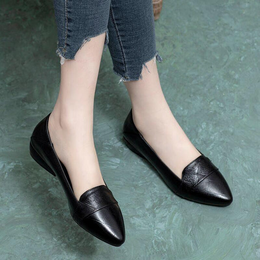 Soft Leather Thick Heel Single Shoes Women Pointed Mid-heel Women's Shoes Non-slip Work Shoes Low-heel Flat Black Women's Leather Shoes