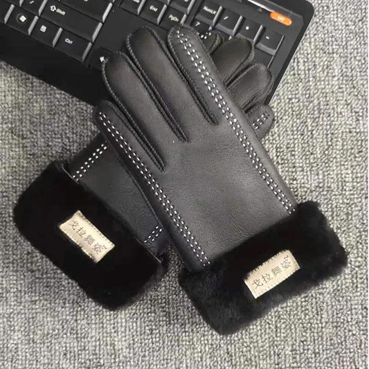 Leather Gloves and Fur One Winter Plus Velvet Thickening Outdoor Sports Sheepskin Gloves