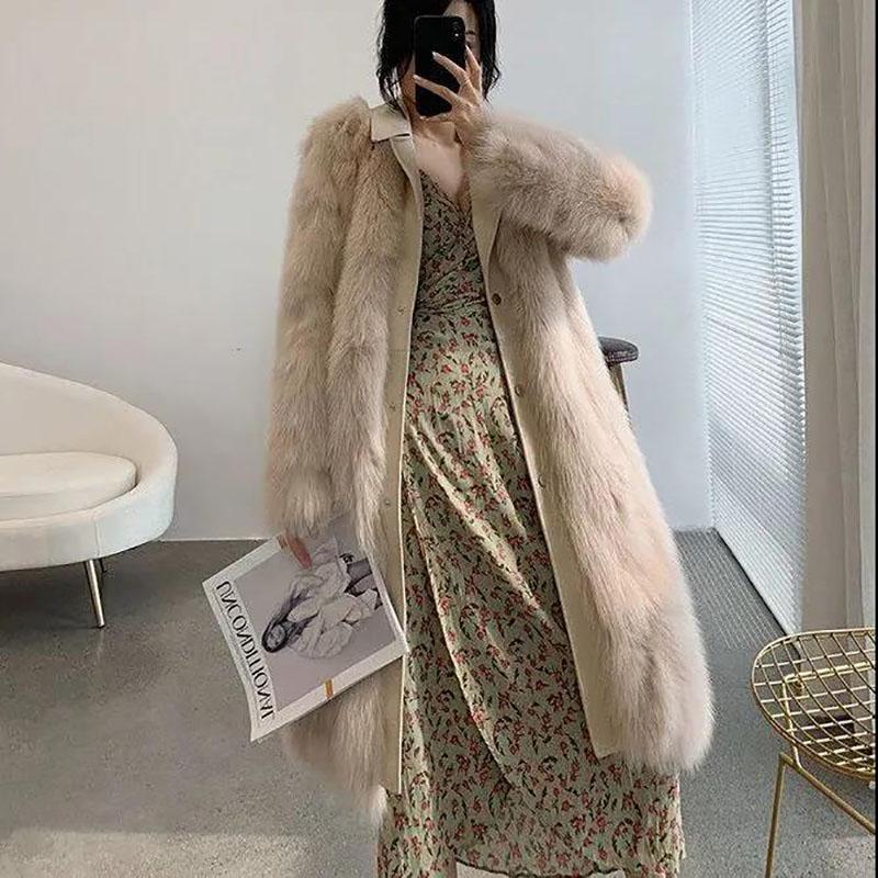 Fur Coat Winter Ladies Vintage Fashion V-neck Thickening Warm Mid-length Fur All-in-one Plush Jacket