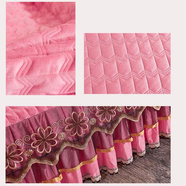 3pcs/set Crystal Velvet Bed Skirt and Pillowcase Three-piece Quilted Thick Velvet Lace Bedspread Winter Warm Short Plush Non-slip Bed Cover