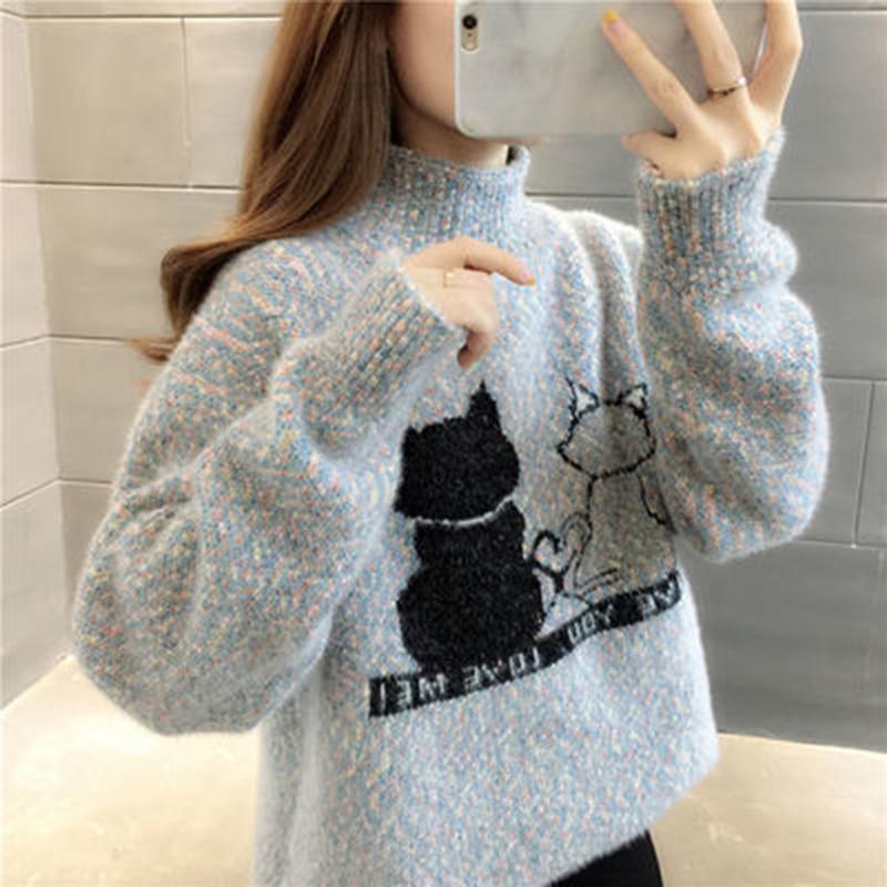 Autumn Winter Women Slim Knitted Sweater Tops High Neck Long Warm Baggy Chunky Pullovers Outwear