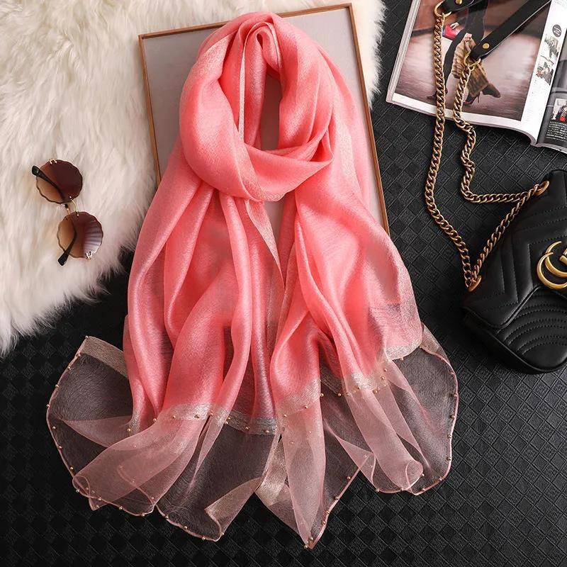 Women's Boutique Silk Scarf Mulberry Silk Scarf Warm Autumn and Winter Shawl Scarf Embroidered Gauze Scarves Pearl Hem Decor Neckerchief Solid Shawl