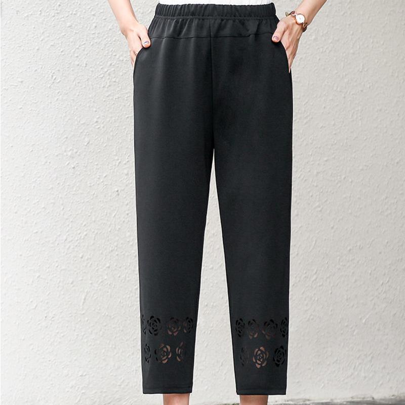 Summer Thin Stretch Mother Cropped Pants Elastic High Waist Loose Middle-aged and Elderly Women's Grandma Pants Hollow Casual Pants