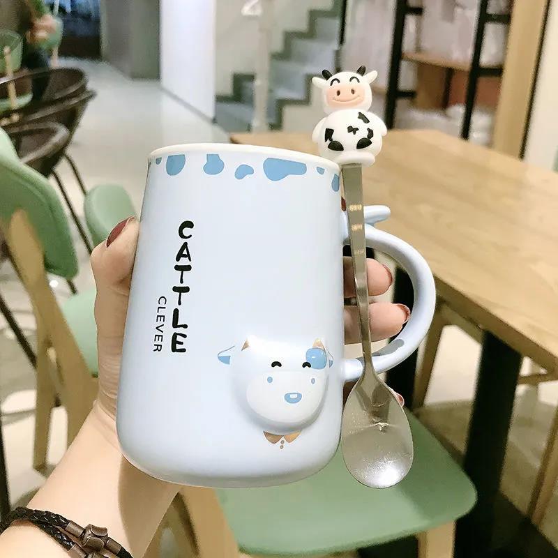 Cartoon Large Capacity Spoon with Lid for Men and Women Couple Cup Home Office Ceramic Mug Drinking Cup