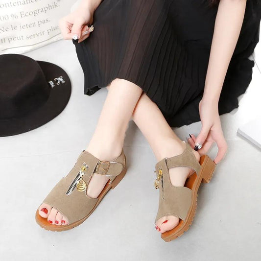 Women's Flat Sandals Summer One Word Buckle Shoes Zipper Stitching Flat Heels Simple Korean All-match Casual Sandals Soft Sole Comfortable Sandal