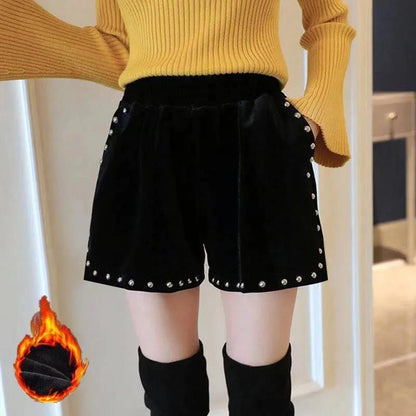 Gold Velvet Shorts Women's Autumn and Winter Thickening Large Size Loose High Waist Black All-match Casual Boots Pants for Outer Wear