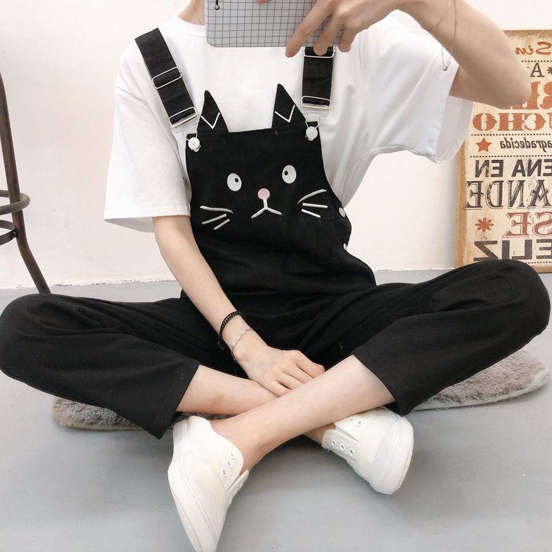 WTEMPO Cute Cat Overalls Girl Student Summer Jumpsuit Woman Jeans Long Romper Pants Pockets Sleeveless Adjusted Overalls Jeans Trousers