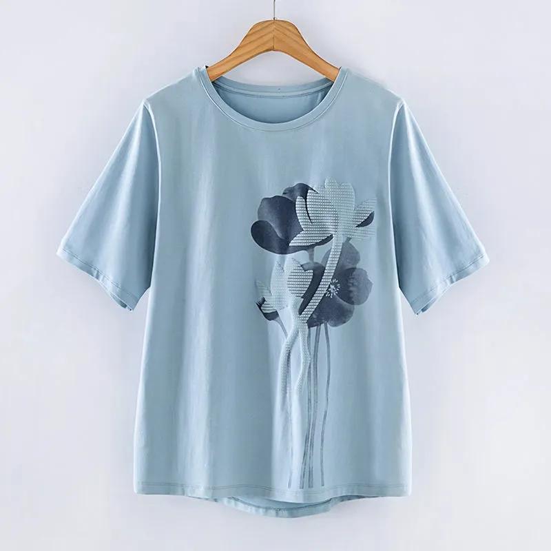 Short-sleeved T-shirt Women's Summer Simple Large Size Loose Literary Print Top Women