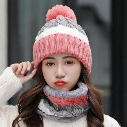 Women's Winter Knitted Hat Korean Style Woolen Cap Plus Velvet Fur Ball Warm Hat Cotton Cap Cycling Cold Proof Cap with Scarf Neck Protection