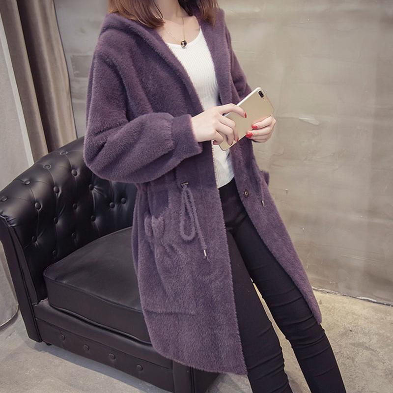 Autumn and Winter Knitted Cardigan Coat Korean Style Hooded Loose Sweater Mid-length Popular Coat Women