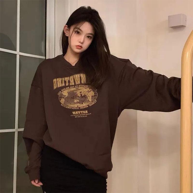 Men's and Women's Same Retro Round Neck Printed Top Autumn Korean Version Ins Pullover Long-sleeved Sweater Student Personality Loose Coat