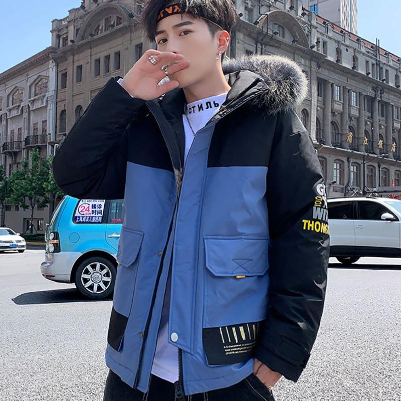 Fashion Short Parker Jacket Winter Fashion Men's Cotton Jacket Youth Thicken Stitching Trendy Brand Hooded Cotton Jacket Loose Men's Cotton Jacket