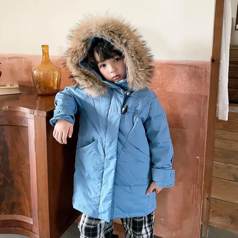 Children's Down Jacket Mid-length Thickened White Duck Down Big Fur Collar Children's Clothing Warm and Windproof Jacket