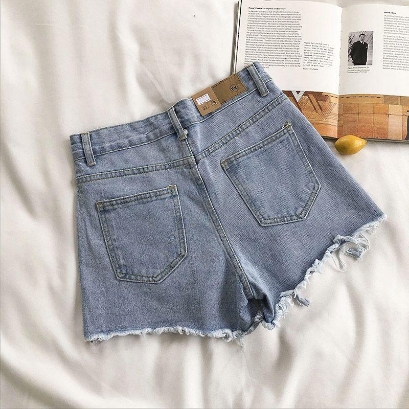 Light-colored Denim Shorts Women's High Waist Summer New Style Korean Loose Loose Holes and Raw Edges Are Thin