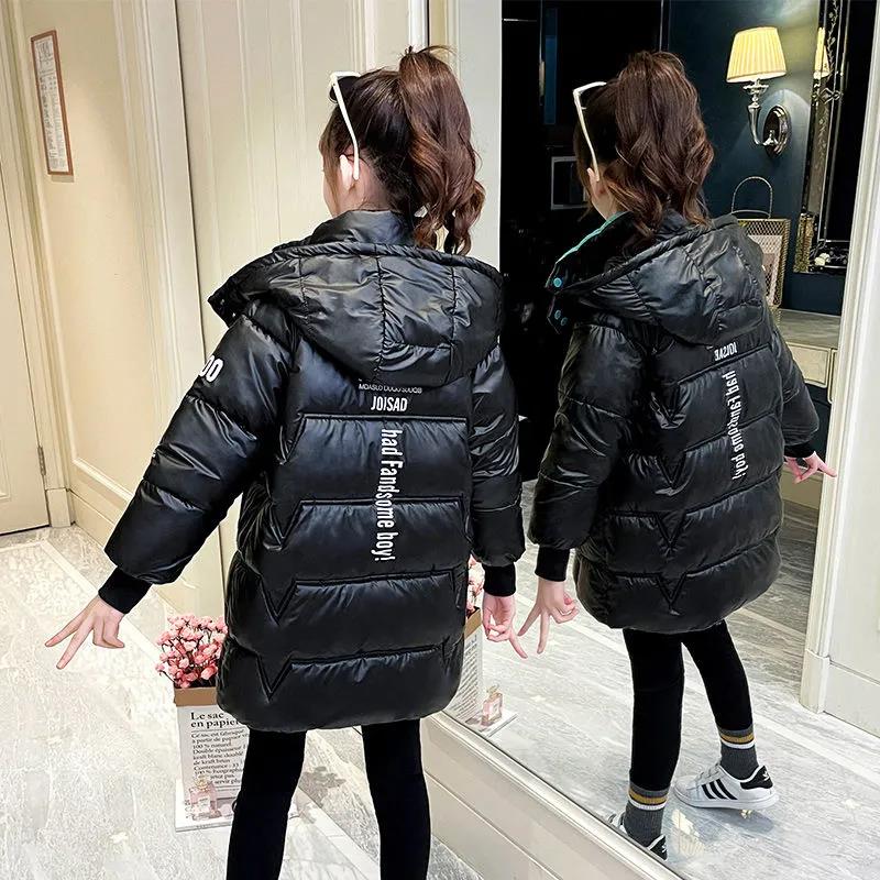 Girls Mid-length Disposable Printed Hooded Cotton Jacket Warm and Windproof Padded Winter Jacket