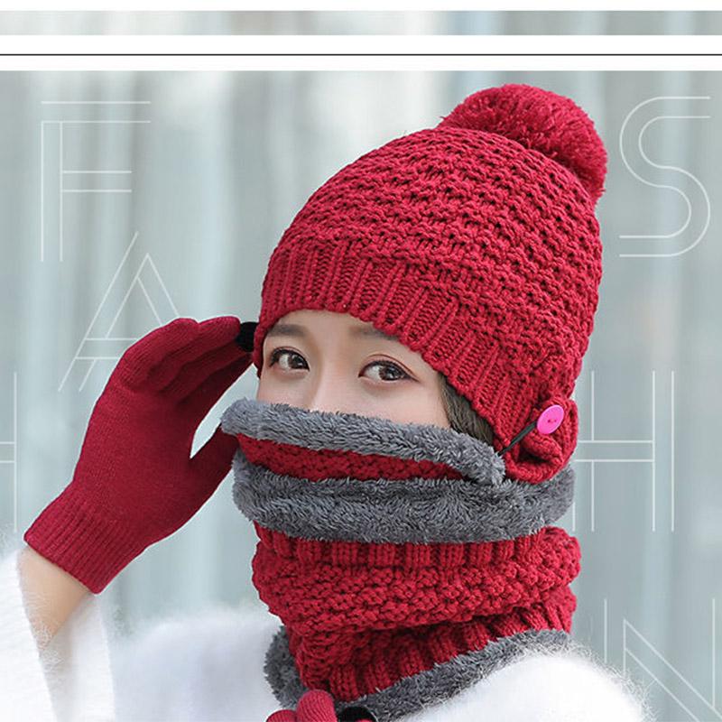 Female Winter Students All-match Thick Knitted Hat Warm and Velvet Windproof Riding Wool Hat Hat Scarf Gloves Mask Four-piece Casual Hat