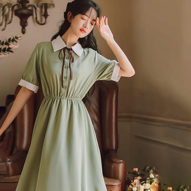 College Style Retro Slim Waist Temperament Dress Female Short-sleeved Mid-length Skirt A-line Skirt Bow Decoration Sweet and Cute