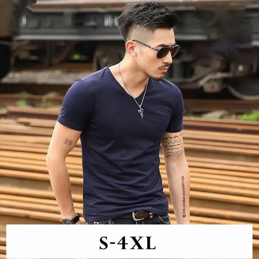 Summer Solid Color Men's Short-sleeved T-shirt V-neck Half-sleeved Top White Men's Bottoming Shirt Slim T-shirt Trend