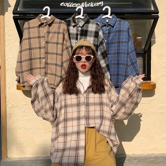 Women's Large Size Blouses Spring Shirts Plaid All-match Autumn Batwing-sleeve Loose Outwear Harajuku Female 4 Colors Chic Tops