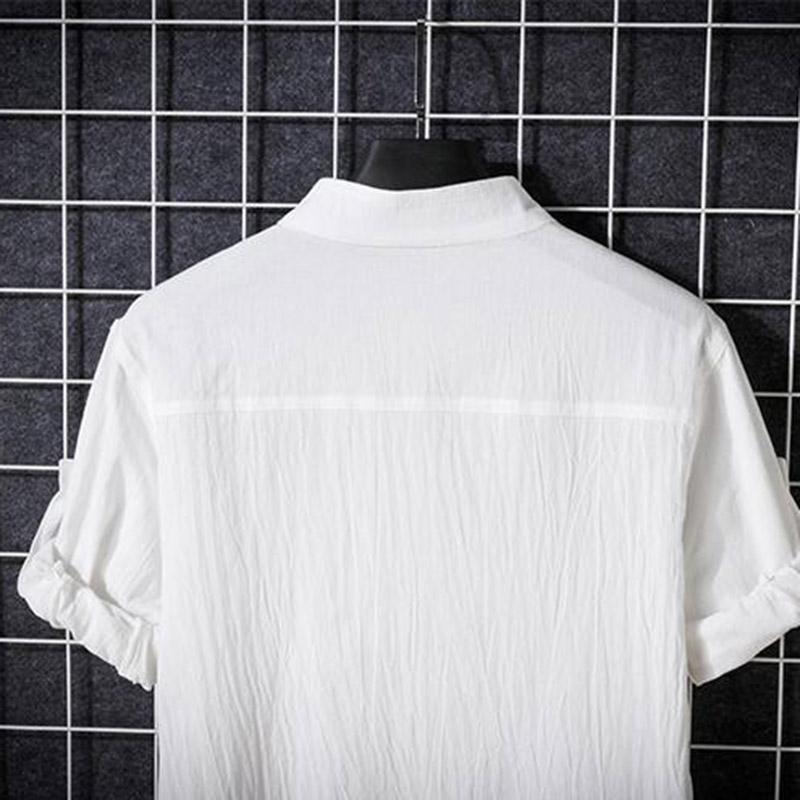 Summer Casual Stand-up Collar Linen Short-sleeved Shirt Men's Thin Breathable Loose Large Size Cotton and Linen Solid Color Shirt