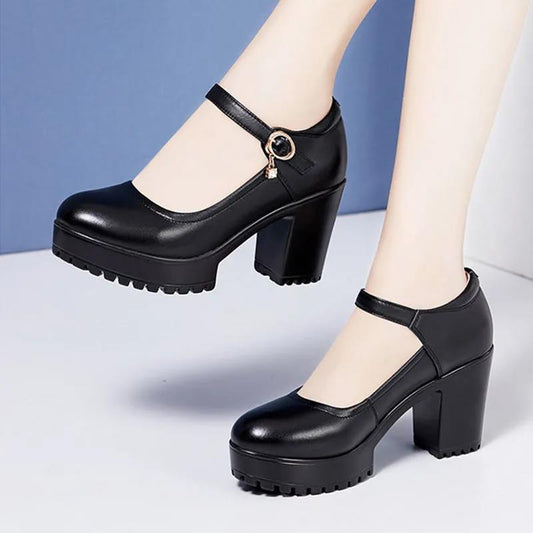 Women's Black Waterproof Performance Dancing High-heeled Shoes 8CM Thick Heels Non Slip Single Shoes