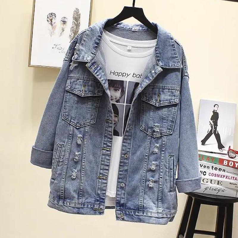 Denim Jacket Women's Spring and Autumn Style Beaded Print Short Loose Denim Jacket Top