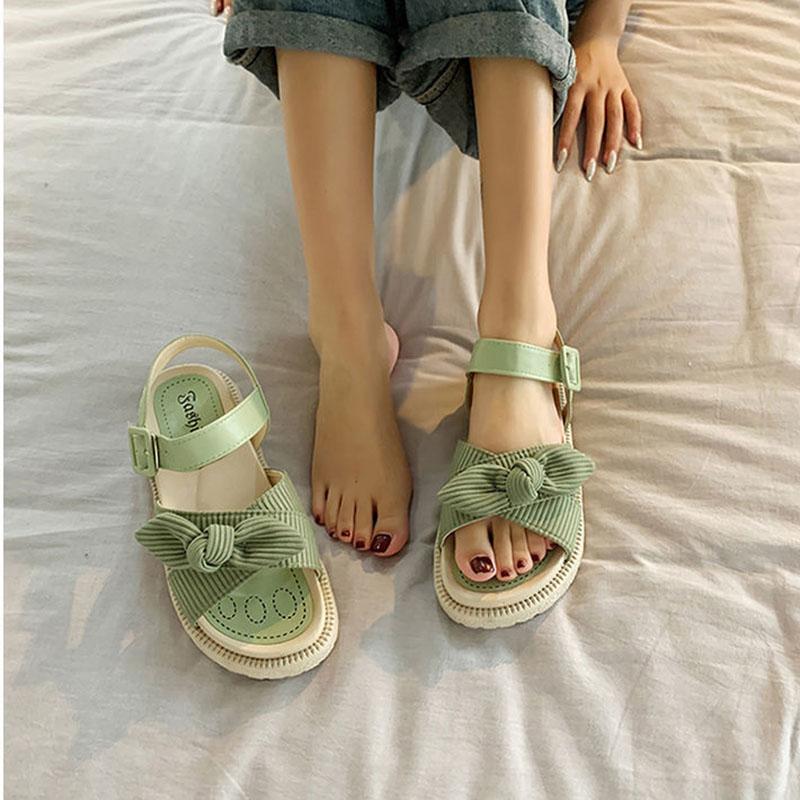 Women's Summer Flat Sandals Cute Bow Roman Thick-soled Beach Shoes Non-slip Comfortable Breathable Sandals