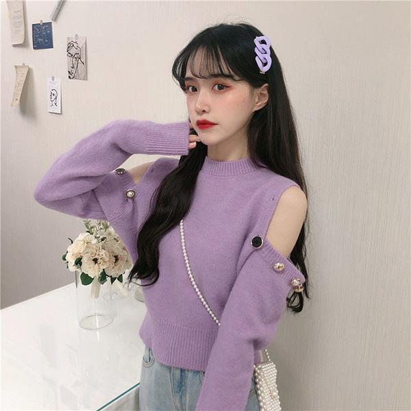 Design Sense Off-shoulder Sexy Sweater Women's Autumn Long-sleeved Loose Top Short Solid Color Round Neck Jacket