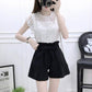 Women Thin High Quality O-Neck Cotton Lace T-Shirt+High Waist Elastic Shorts Two Piece Set