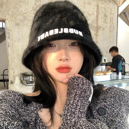 Winter Rabbit Fur Letter Basin Hat Women's Fashion Warm Plush Hat