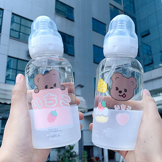 Cute Girl Glass  Water Bottle Creative Fashion Bear Pattern Personality Straw Cup Student Couple Portable Water Cup