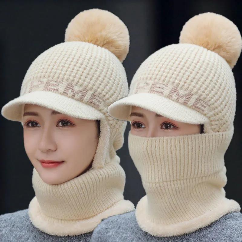 Hat Women's Winter Warmth and Thickened Cycling Wool Knitted Hat All-match Cold-proof Plus Velvet Outdoor One-piece Hat