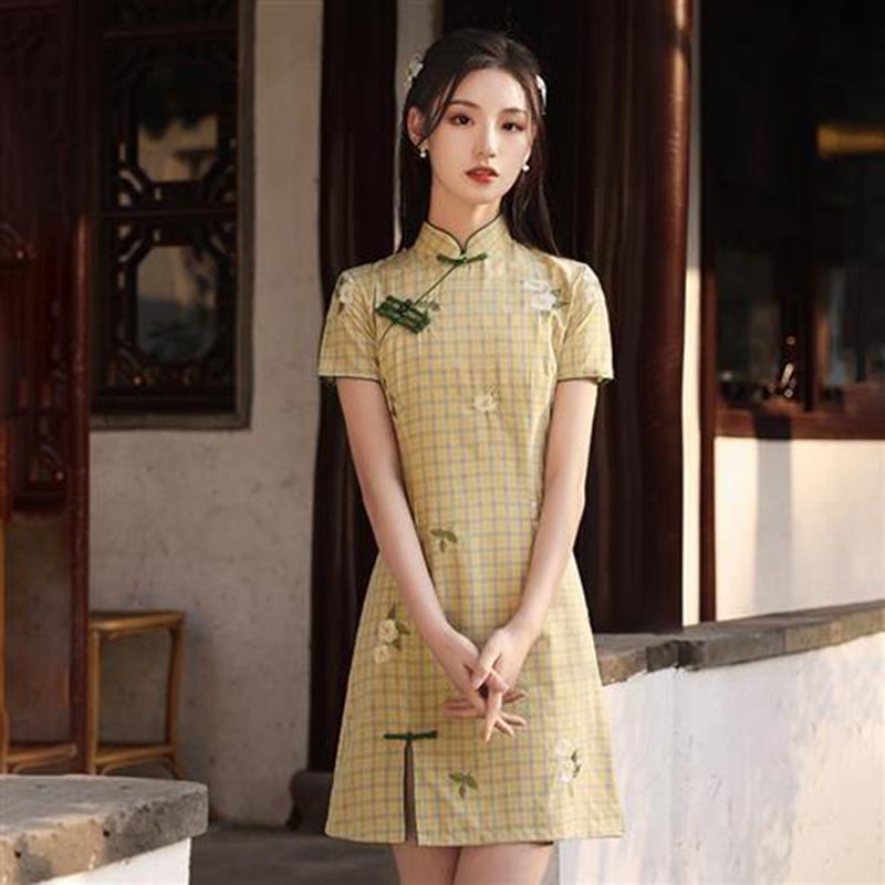 Improved Cheongsam Women's Summer Yellow and Green Plaid Daily Wear Young Girls Short Dresses