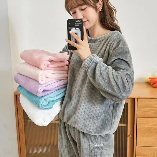 Winter Ladies Plus Velvet Embroidered Vertical Striped Pajamas Set Warm Long-sleeved Set Solid Color Outerwear Loose Home Wear Casual Outfit