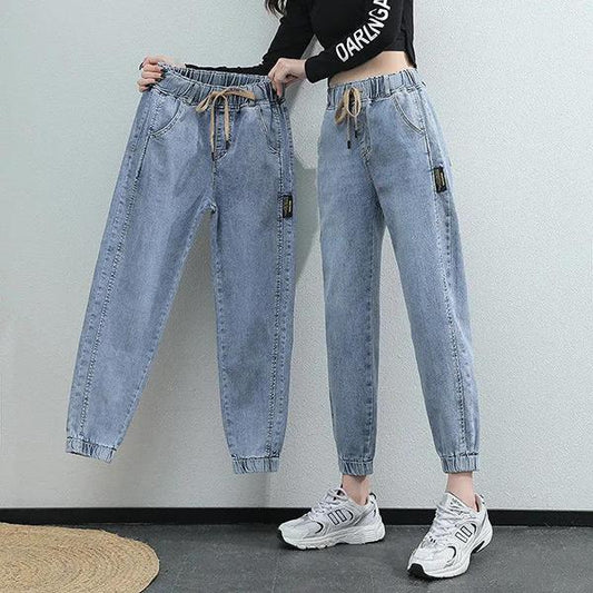 Women Spring and Autumn Large Size Streetwear Cropped Jeans Loose Solid Color High Waist Elastic Casual Jeans