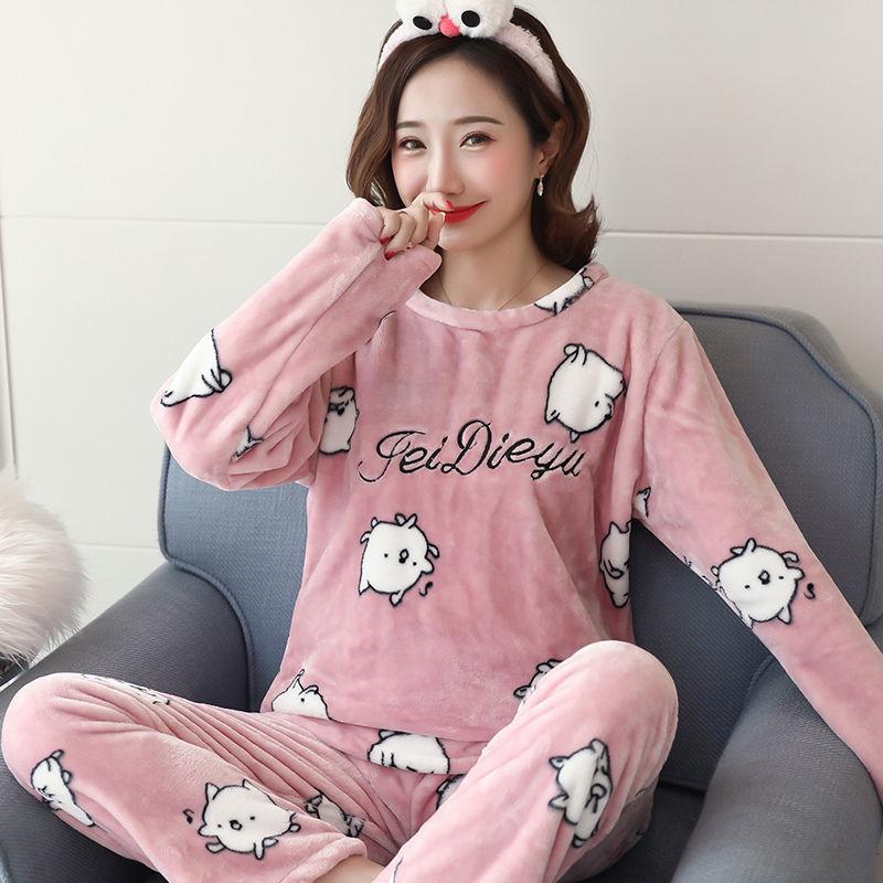 Pajamas Women's Flannel Soft Fabric Cute Card Thickening Plus Velvet Long-sleeved Warm Hood Home Service Suit Can Be Washed