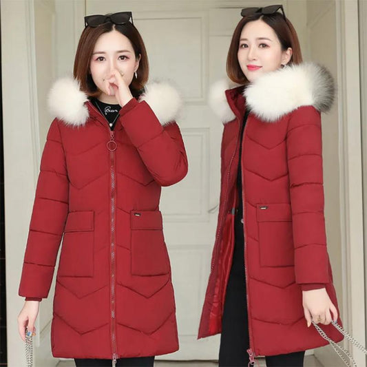 Women's Solid Color Down Jacket Mid-length Korean Loose Thick Coat Warm Cotton Coat Big Fur Collar Winter Clothes Quilted Coat