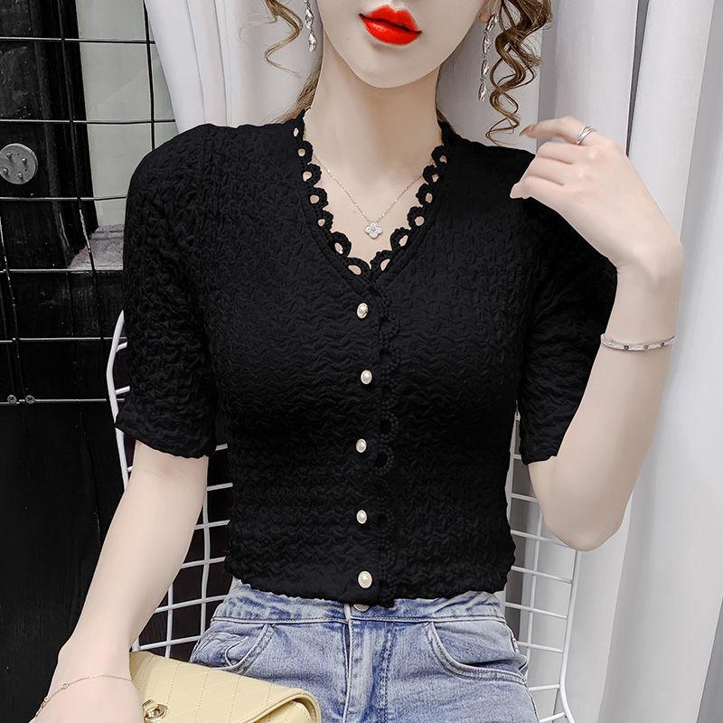 Women Lace Slim Shirt Button Cutout Cardigan V-neck Short Sleeve Top Casual Shirt French Vintage Top