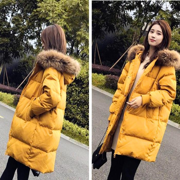 Women's Fashion Down Cotton Padded Jacket Long Style Over The Knee Thickened Warm Women's Parka Coat Hooded Fur Collar Coat