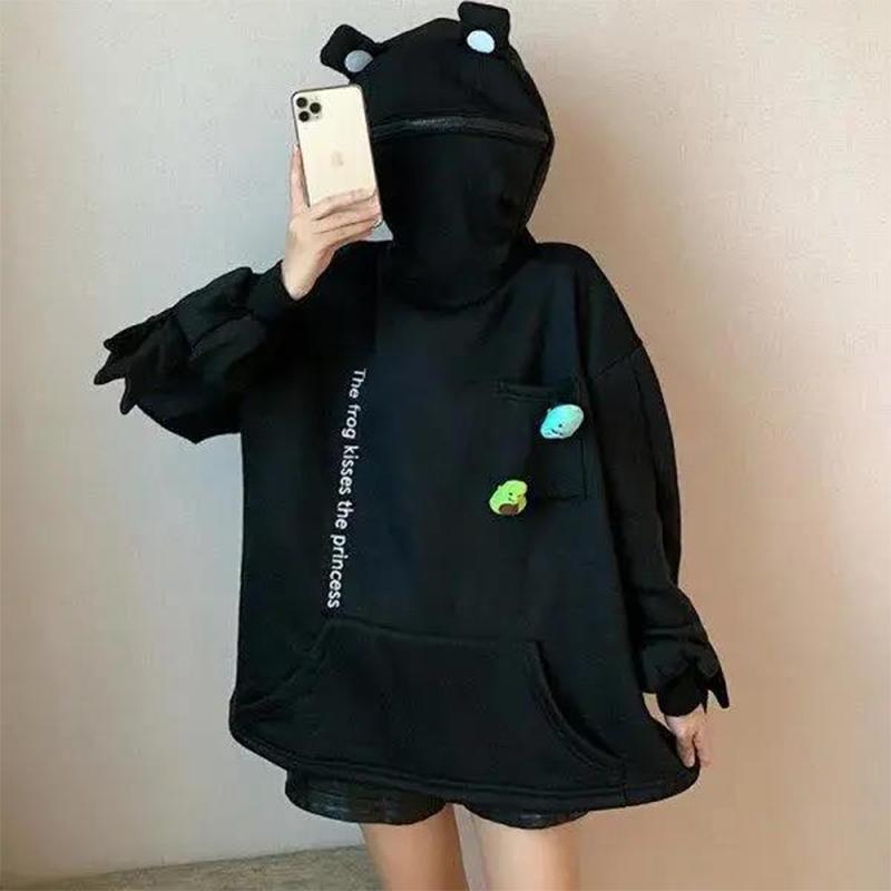 Autumn and Winter Cartoon Frog Head Hooded Sweater Female Design Sense Student Class Tops