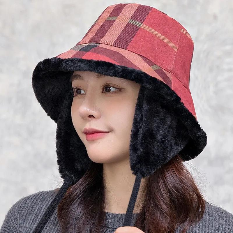 Women's Autumn Winter Dual-purpose Fisherman Hat Warm Ear Protection Removable Large-brimmed Hat Detachable Ear Protection Strap Plaid Fisherman Cap