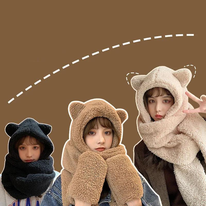 Winter Warm Scarf Women Girl Bear Ear Cut Hooded Hats Pockets Goloves Scarves All In One Cashmere Soft Shawls Female Fur Warm Winter Scarf