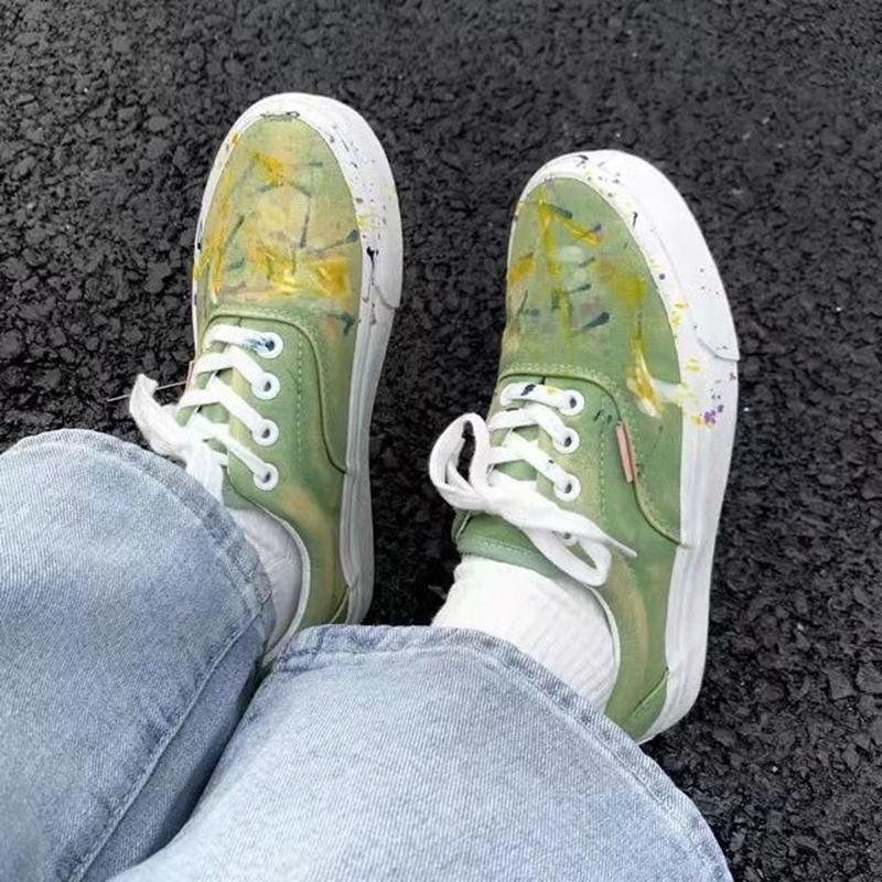 Early Autumn Drag Girl Sneakers Niche Design Original Washable Green Splash Ink Low-top Casual Canvas Shoes