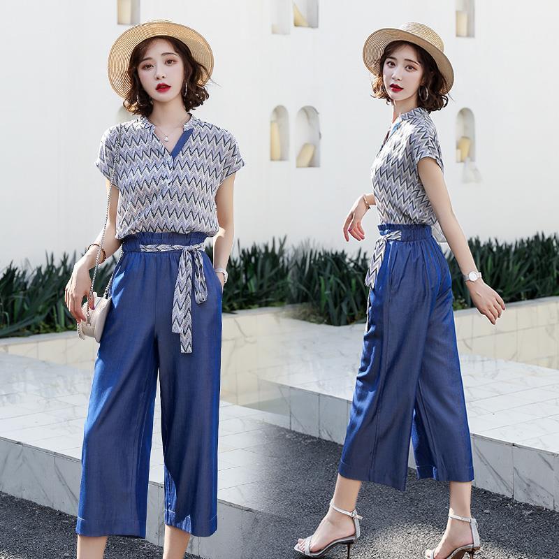 Women's Suit Pants Loose and Thin Casual Clothes Mature Two-piece Suit V-neck Short-sleeved Shirt + Loose Straight-leg Pants Elegant Temperament