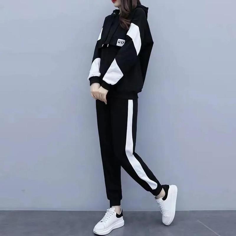 Women's Black and White Stitching Color Hoodie Suit Women's Loose and Thin Leisure Sports Two-piece Hooded Sweater Loose Sweatpants