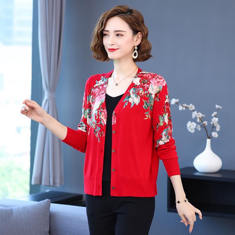 Autumn and Winter Women's Printed Cardigan V-neck Casual Sweater Coat High-end Wool Plus Size Cardigan