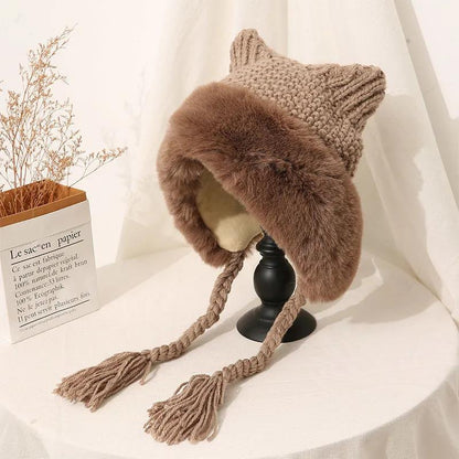 Winter Plush Knitted Hat Women's Cute Ear Thickened Woolen Hat Oversized Woolen Hat