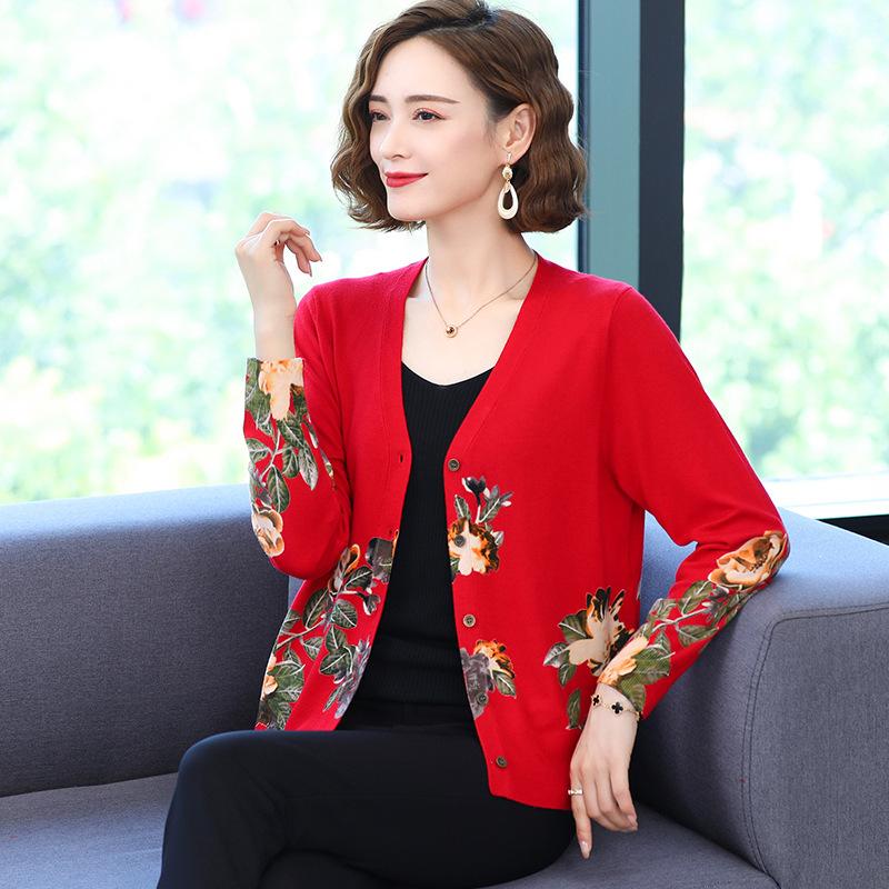 Autumn Winter Women's Knitted Sweater V-neck Printing Short Cardigan Knit Woolen Sweater Coat