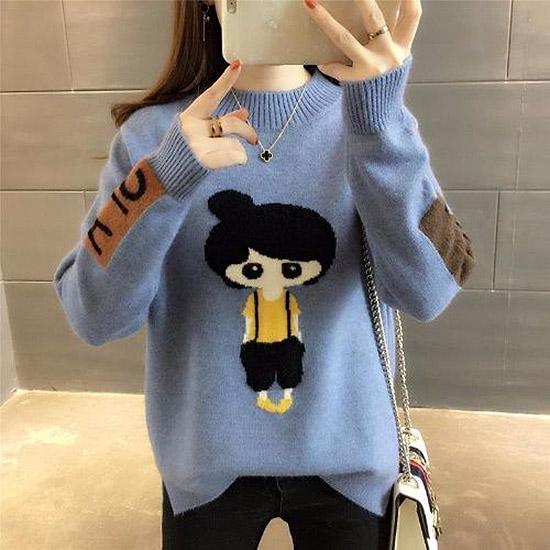 Autumn and Winter Cartoon Sweater Jacket Womens Long Sleeve All-match Knitted Sweater Woman